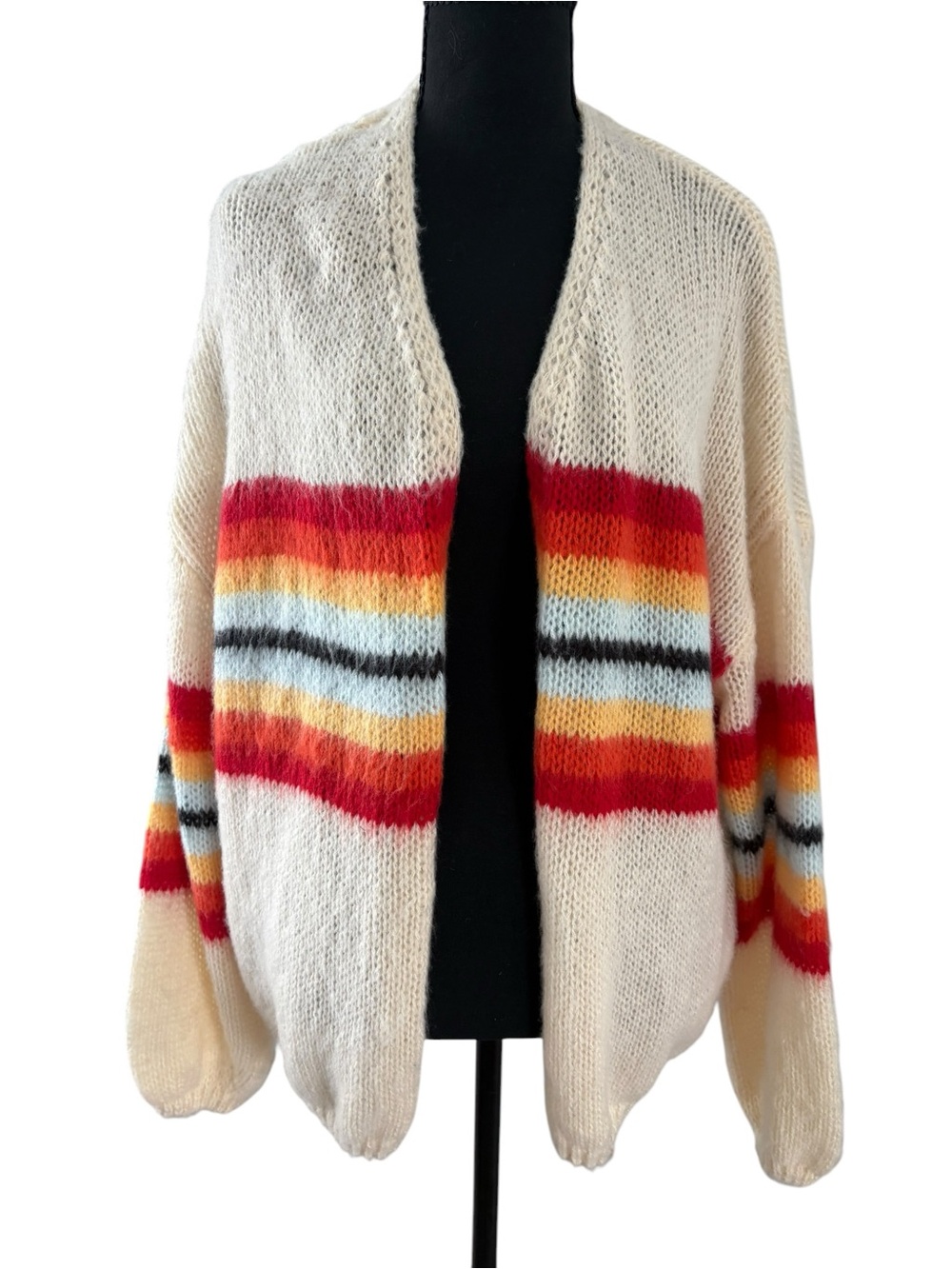 Cream Open-Front Cardigan with Multicolor Stripe Accents - Picture 2 of 8